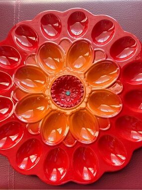 Grasslands Road Ceramic Deviled Egg Platter Titled Petals Vintage Red Orange EC